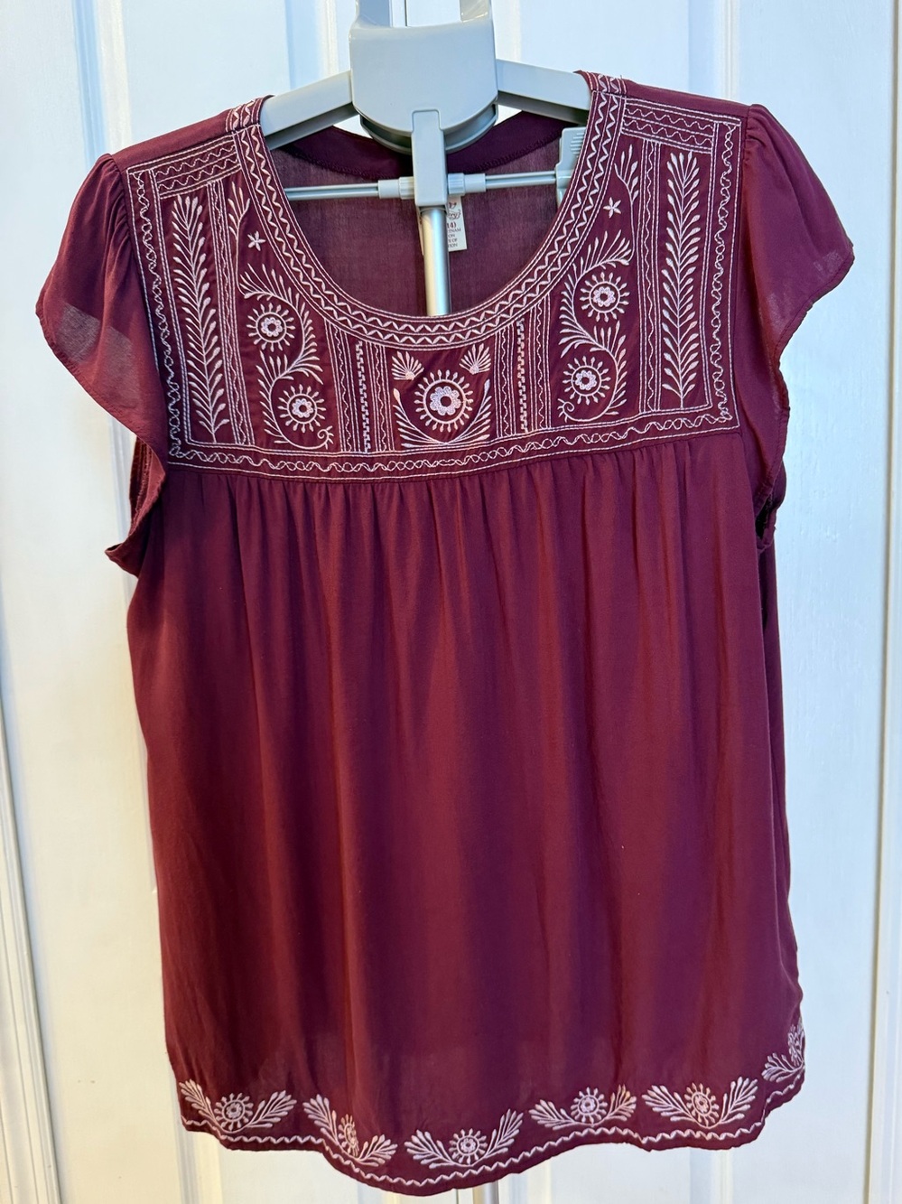 SO Embroidered Cap Sleeve Blouse Eggplant White Embroidery Boho Comfy Everyday